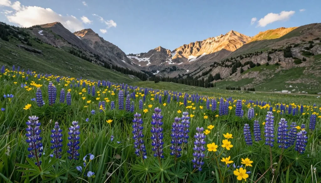 Alpine wildflower meadow with colorful blooms and mountain backdrop