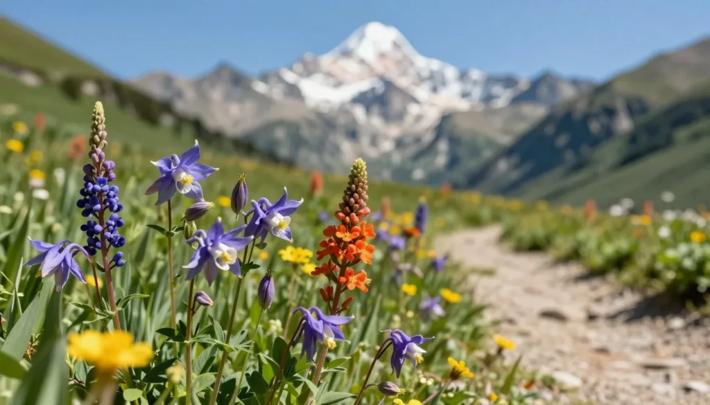 Alpine wildflowers blooming along Sunshine Peak trail with mountain views Alpine wildflowers blooming along Sunshine Peak trail with mountain views