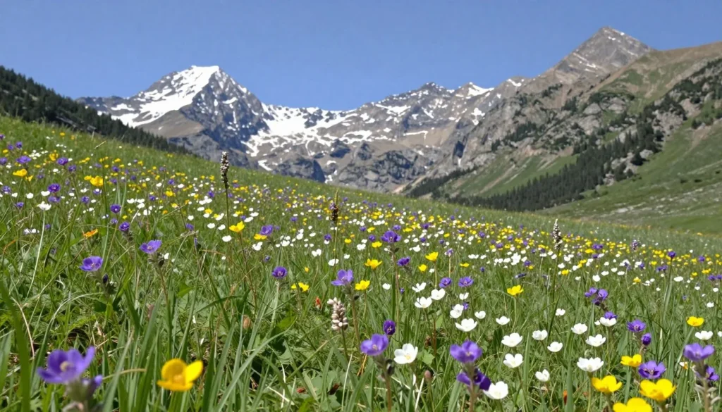 Alpine wildflowers blooming in Chicago Basin meadow with mountain peaks Alpine wildflowers blooming in Chicago Basin meadow with mountain peaks