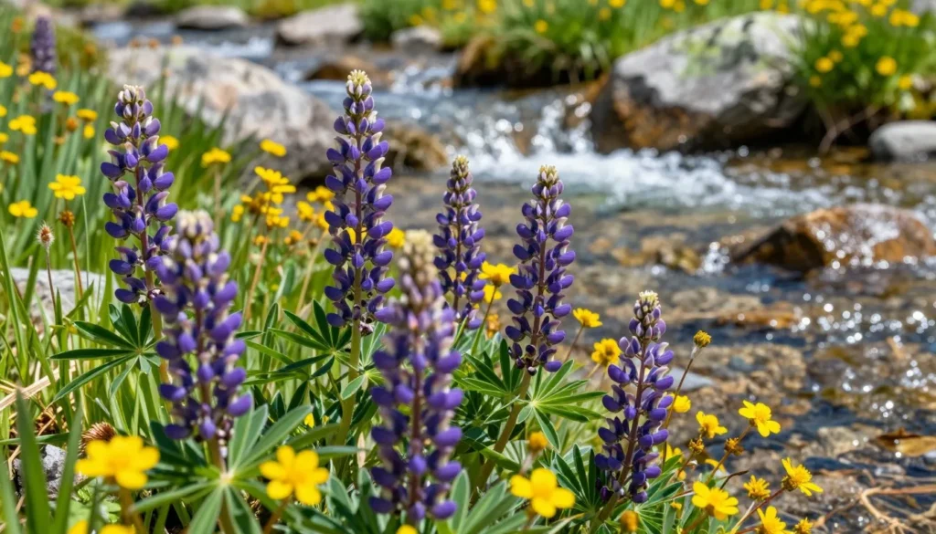 Alpine wildflowers blooming near mountain stream