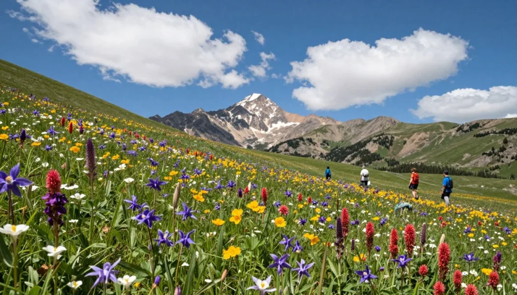 Alpine wildflowers blooming on Uncompahgre Peak slopes with mountain peaks in background under clear summer sky Alpine wildflowers blooming on Uncompahgre Peak slopes with mountain peaks in background under clear summer sky