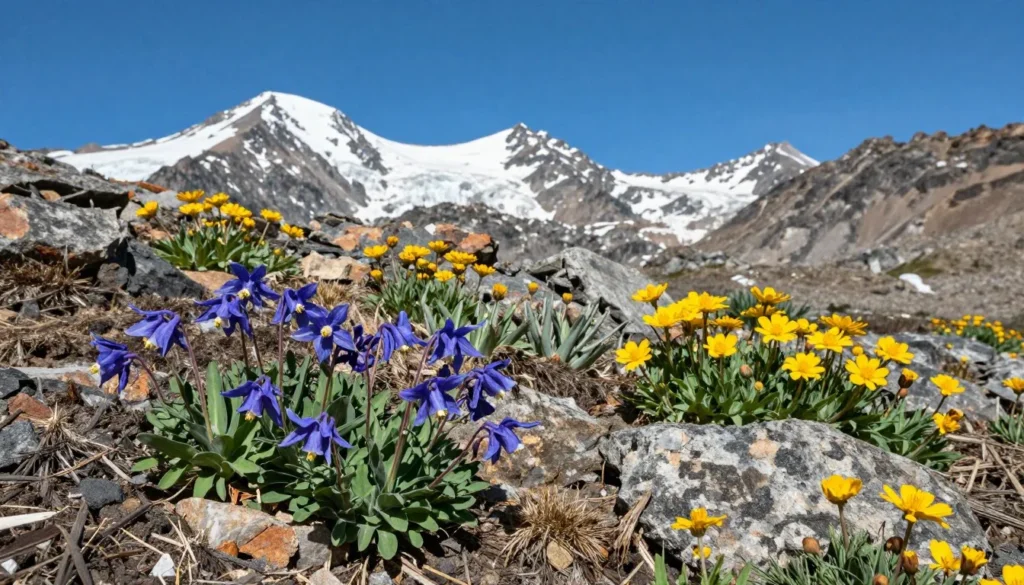 Alpine wildflowers blooming on tundra with mountain peaks Alpine wildflowers blooming on tundra with mountain peaks