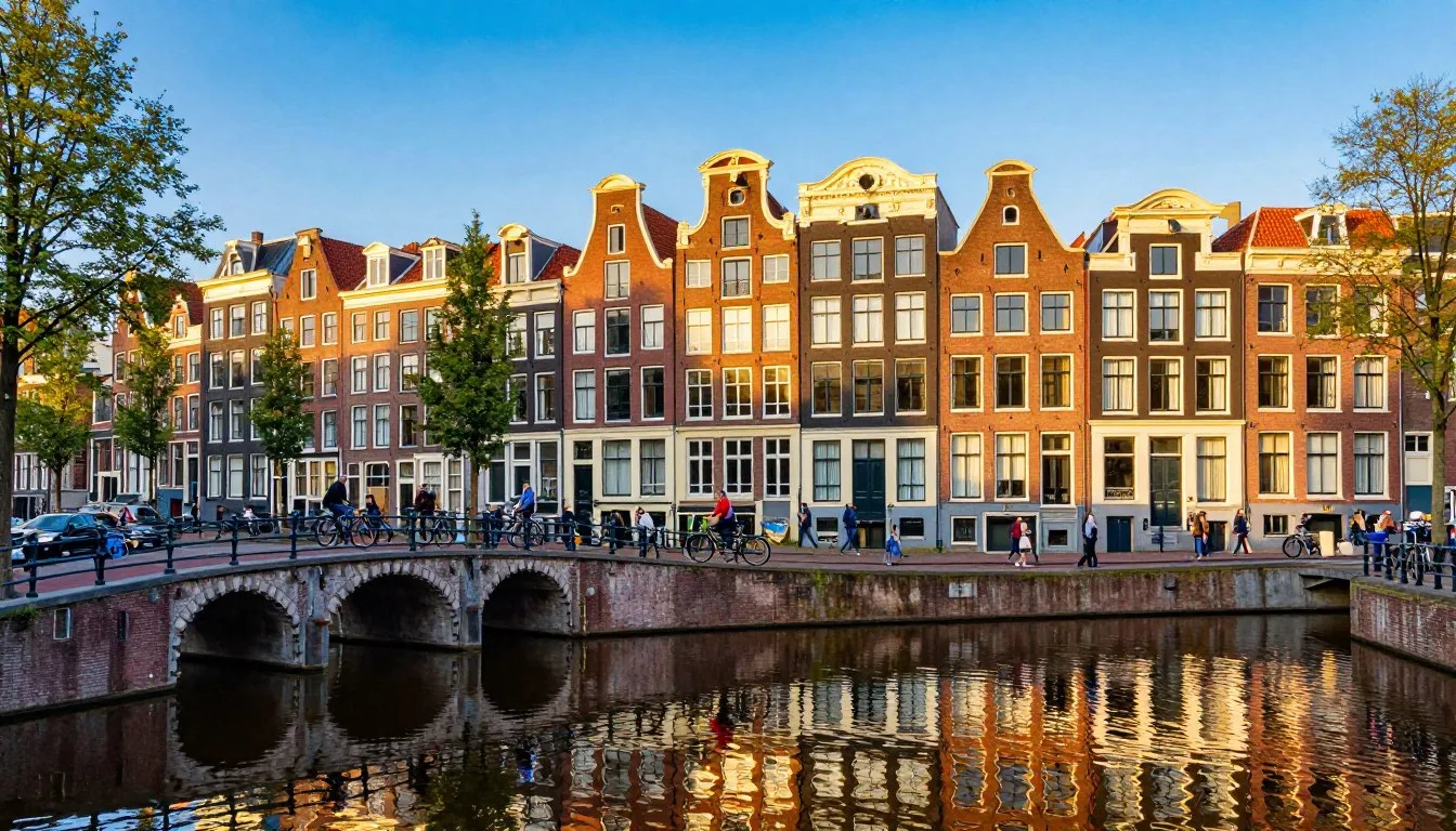 Amsterdam canal houses with colorful facades reflecting in the water during golden hour