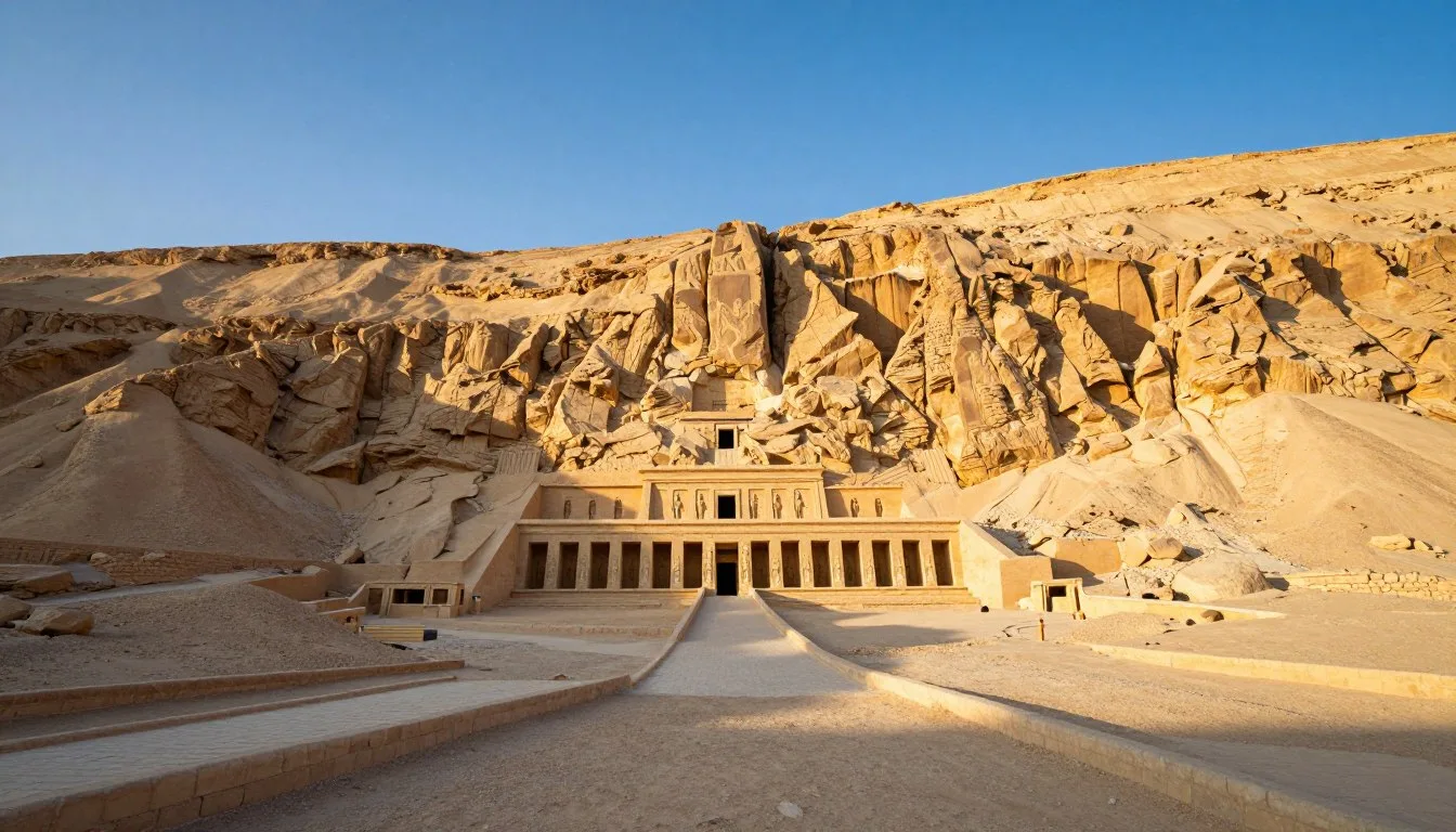 Ancient Egyptian royal tombs carved into golden limestone cliffs in the Valley of the Kings under clear blue sky