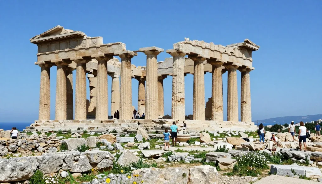 Ancient Greek temple ruins in Sicilian coastal landscape