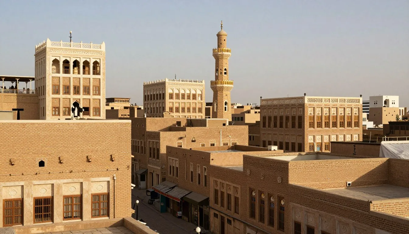 Ancient Islamic architecture of Zabid with traditional brick buildings and historic mosques under clear blue skies