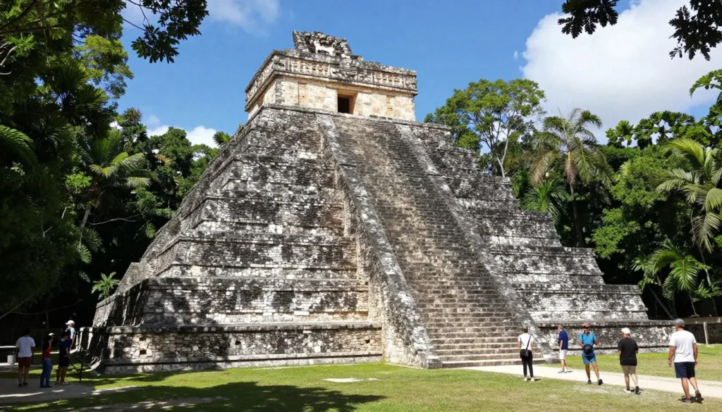 Ancient Mayan ruins temple structure surrounded by jungle vegetation