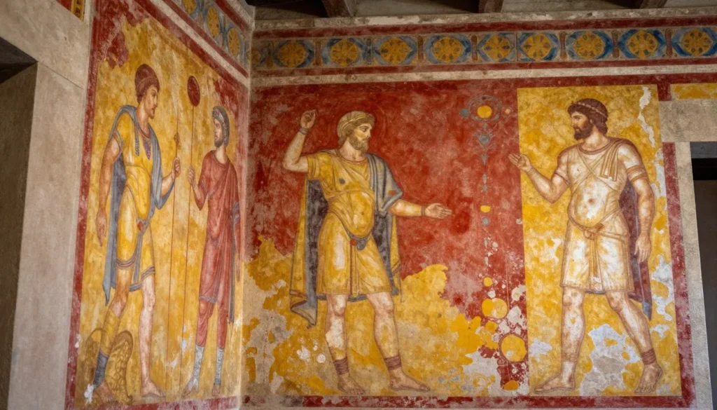Ancient Pompeii frescoes showing vibrant colors on preserved villa walls Ancient Pompeii frescoes showing vibrant colors on preserved villa walls