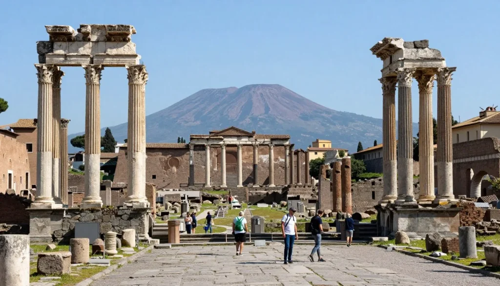 Ancient Roman Forum in Pompeii with columns and Mount Vesuvius backdrop on sunny day Ancient Roman Forum in Pompeii with columns and Mount Vesuvius backdrop on sunny day
