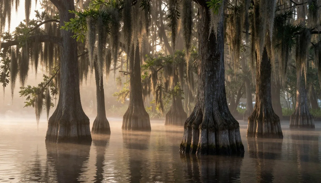 Ancient-bald-cypress-trees-rising-from-dark-water-at-Bushy-Lake-State-Natural-Area-North Ancient bald cypress trees rising from dark water at Bushy Lake State Natural Area North Carolina with morning mist