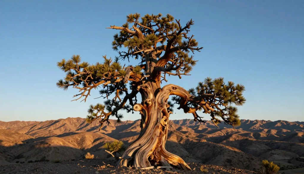 Ancient bristlecone pine tree with twisted trunk against mountain vista