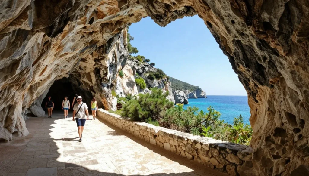 Ancient cave entrance with stone pathway and Mediterranean coastal landscape
