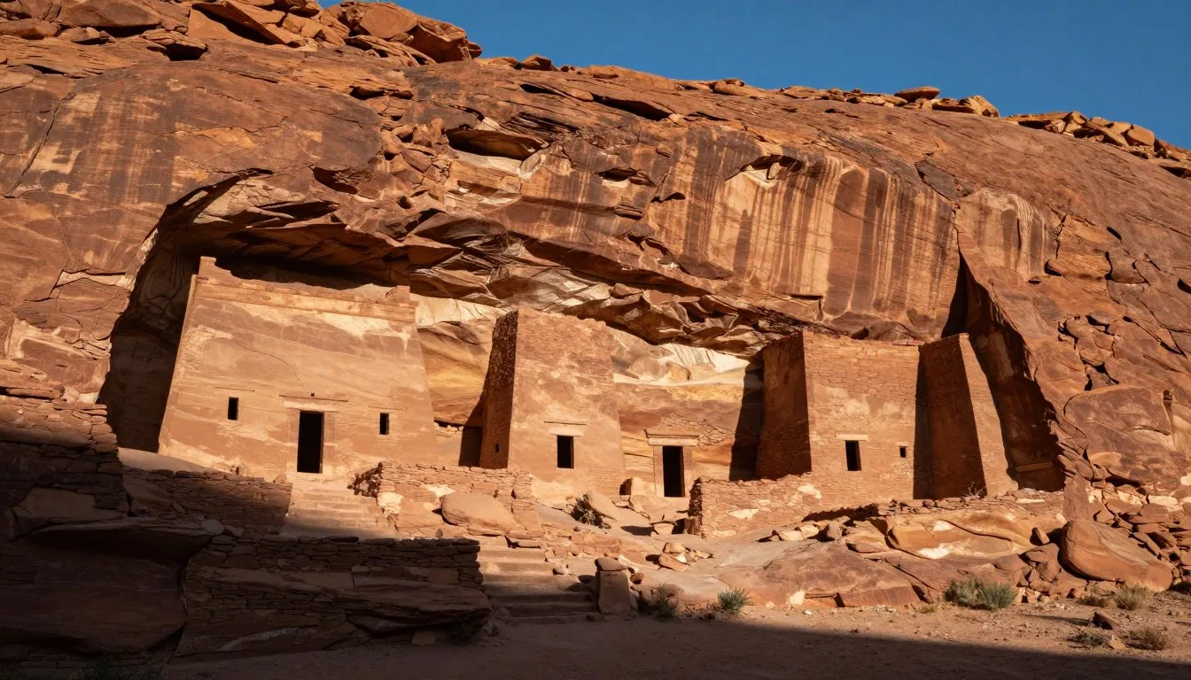 Ancient cliff dwellings nestled in red sandstone canyon walls at Ute Mountain Tribal Park