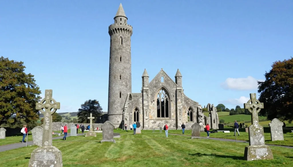 Ancient round tower and stone cathedral ruins at Glendalough monastic settlement with gravestones in foreground