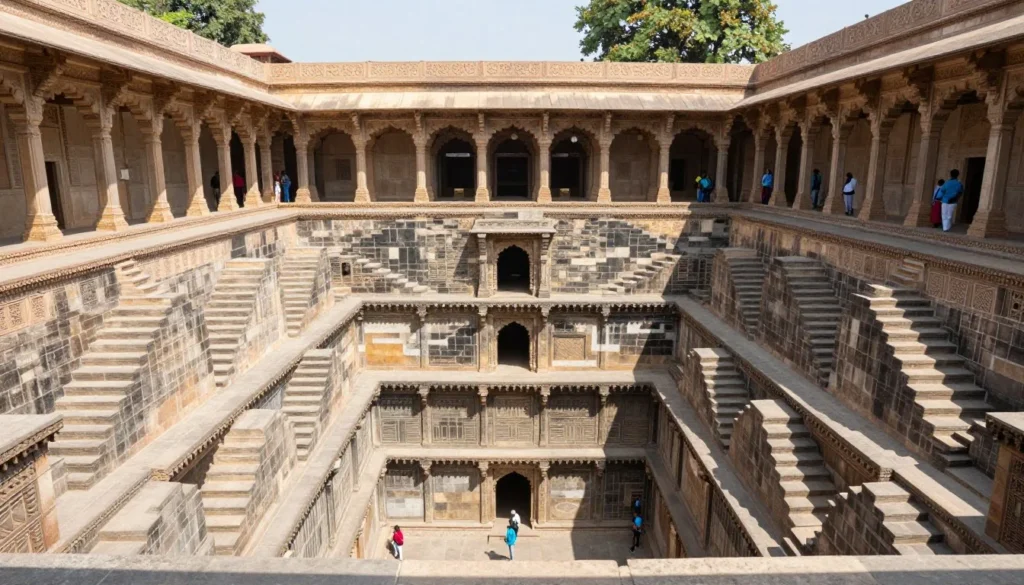 Ancient step well architecture in Bundi with intricate stone carvings