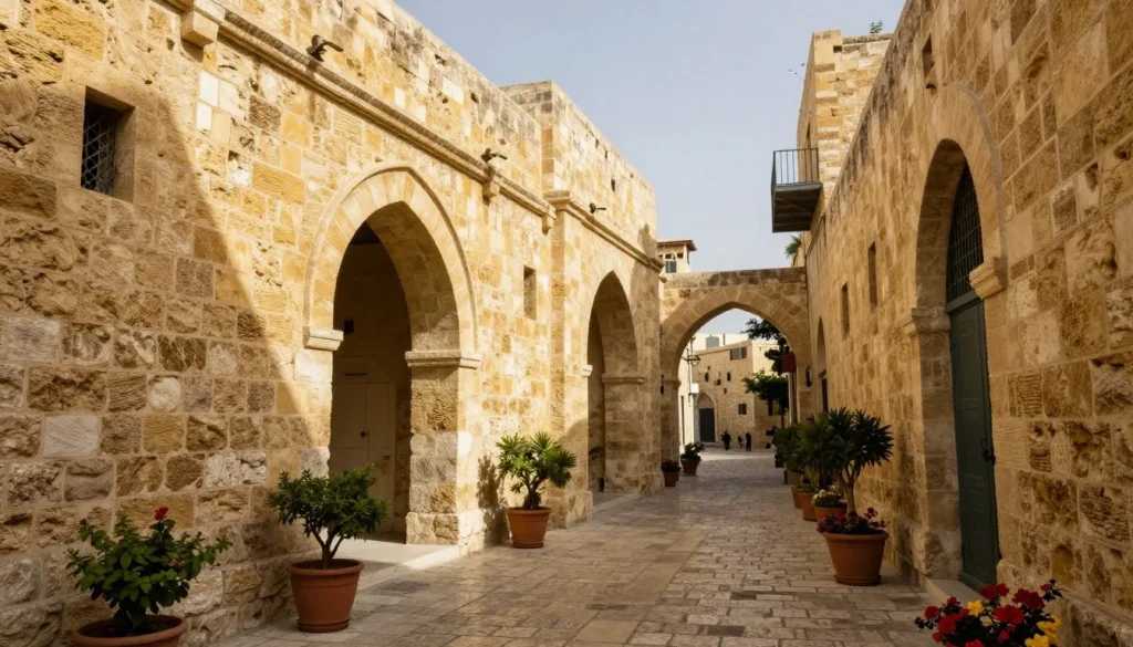 Ancient stone buildings and narrow alleyways in Jaffa old city