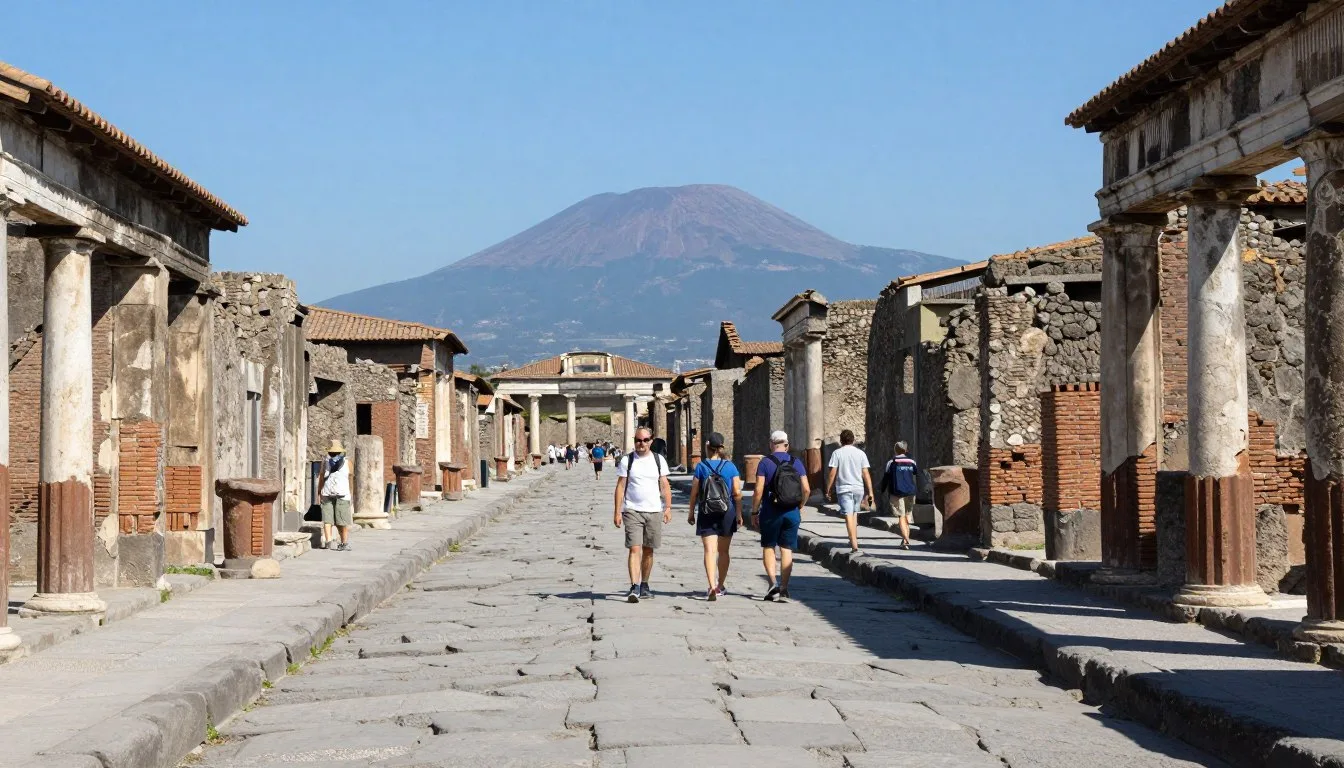 Ancient stone streets of Pompeii with Mount Vesuvius in background under clear blue sky