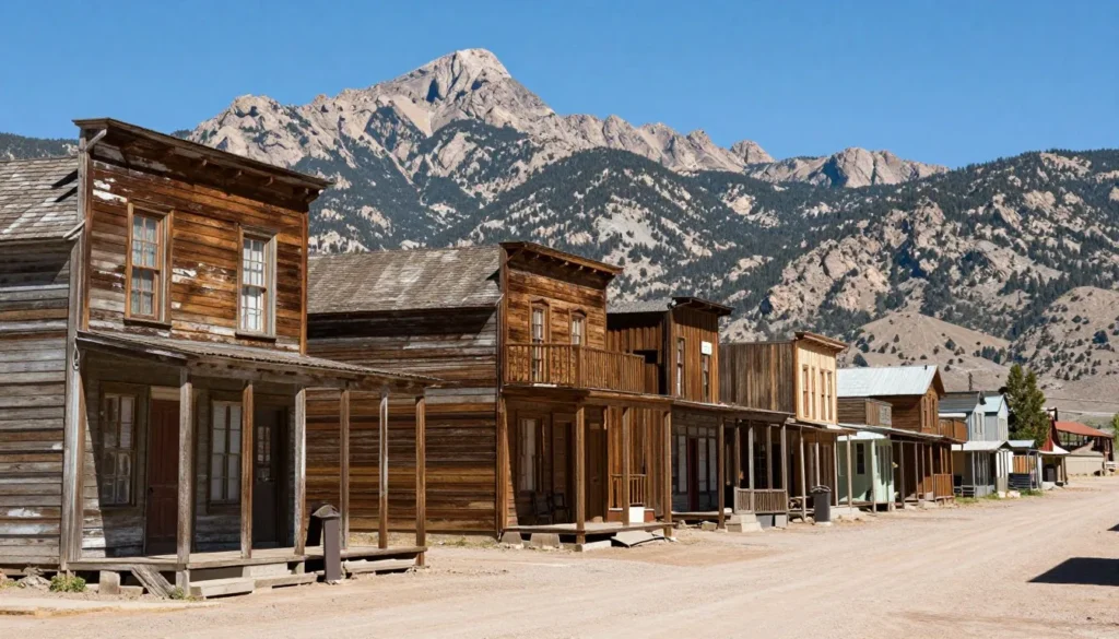 Ancient weathered wooden buildings in Sierra Nevada ghost town with mountains in background Ancient weathered wooden buildings in Sierra Nevada ghost town with mountains in background
