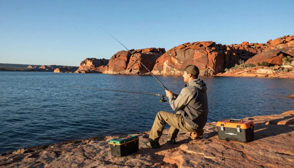Angler fishing from shore at Millsite reservoir
