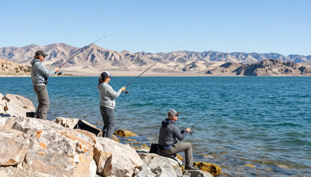 Angler fishing from shore at Pyramid Lake Nevada with mountains behind Angler fishing from shore at Pyramid Lake Nevada with mountains behind
