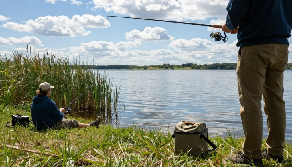 Angler fishing from shoreline at Blue Heron Reservoir with fishing rod and peaceful water view Angler fishing from shoreline at Blue Heron Reservoir with fishing rod and peaceful water view