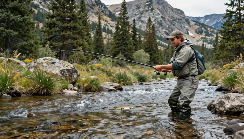 Angler fly fishing in Clear Creek with mountain backdrop in Raft River Mountains Angler fly fishing in Clear Creek with mountain backdrop in Raft River Mountains