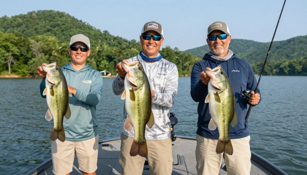 Angler holding large bass fish on boat with lake and hills in background Angler holding large bass fish on boat with lake and hills in background