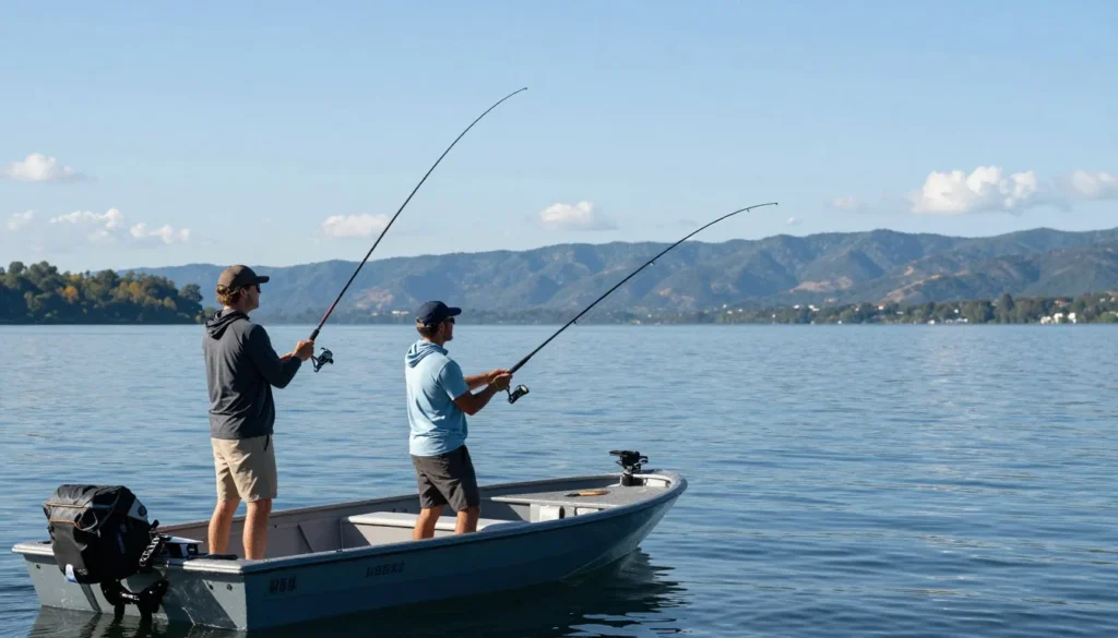 Anglers fishing from boat on Otter Creek Reservoir
