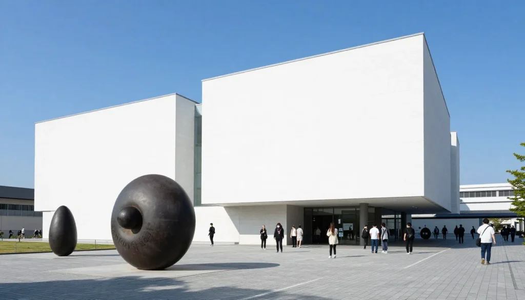 Aomori Museum of Art showcasing modern white architecture with geometric designs and outdoor sculptures