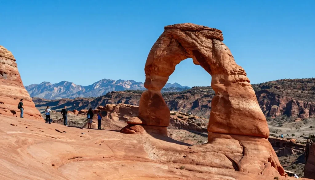 Arches National Park landscape with La Sal Mountains in distance