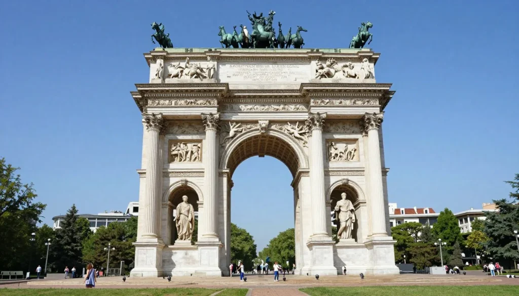 Arcul de Triumf monument in Bucharest surrounded by green park space Arcul de Triumf monument in Bucharest surrounded by green park space