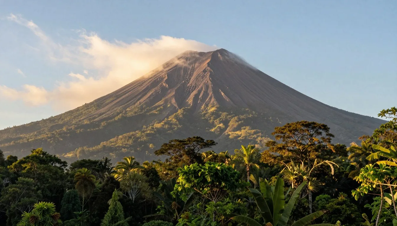 Arenal Volcano towering over lush rainforest with misty clouds at sunrise