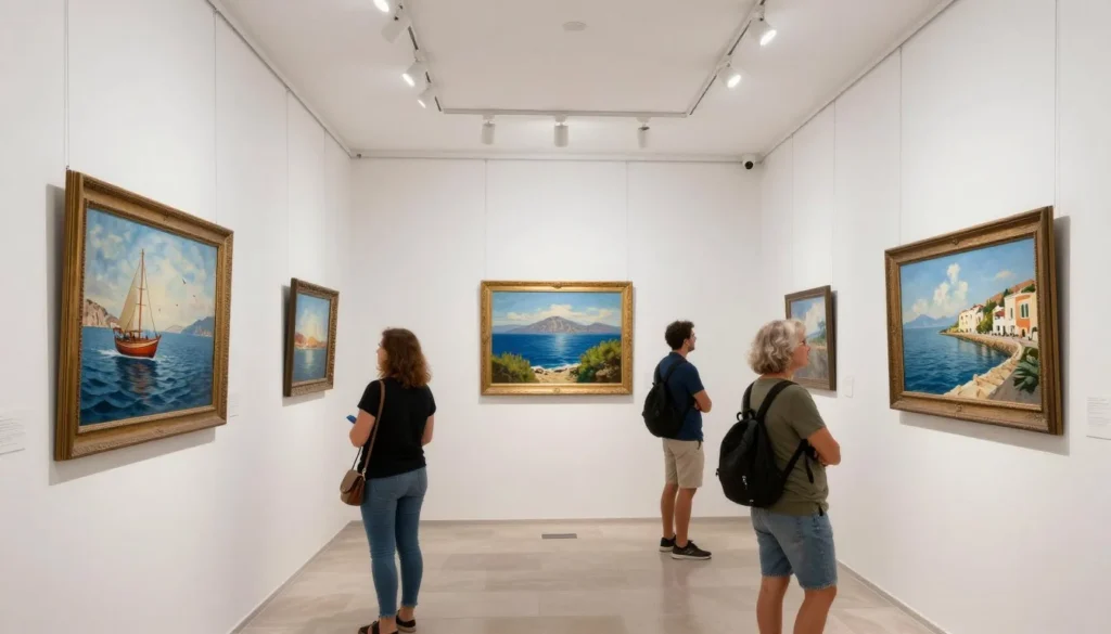 Art gallery interior showcasing Mediterranean maritime artwork and local artists