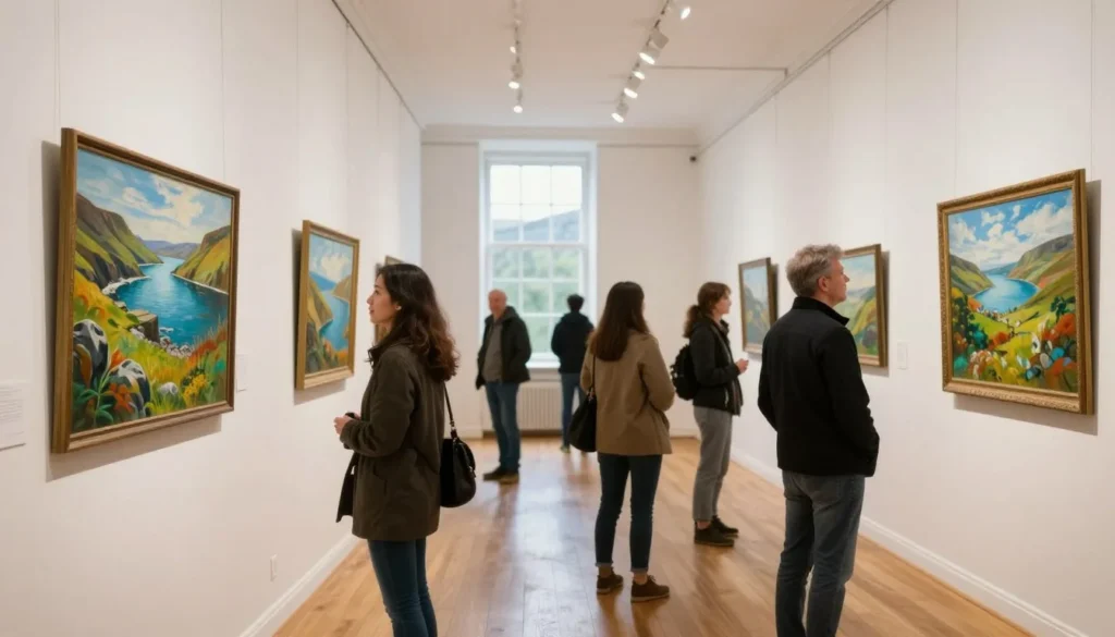 Art gallery interior with paintings displayed on white walls and visitors viewing exhibits