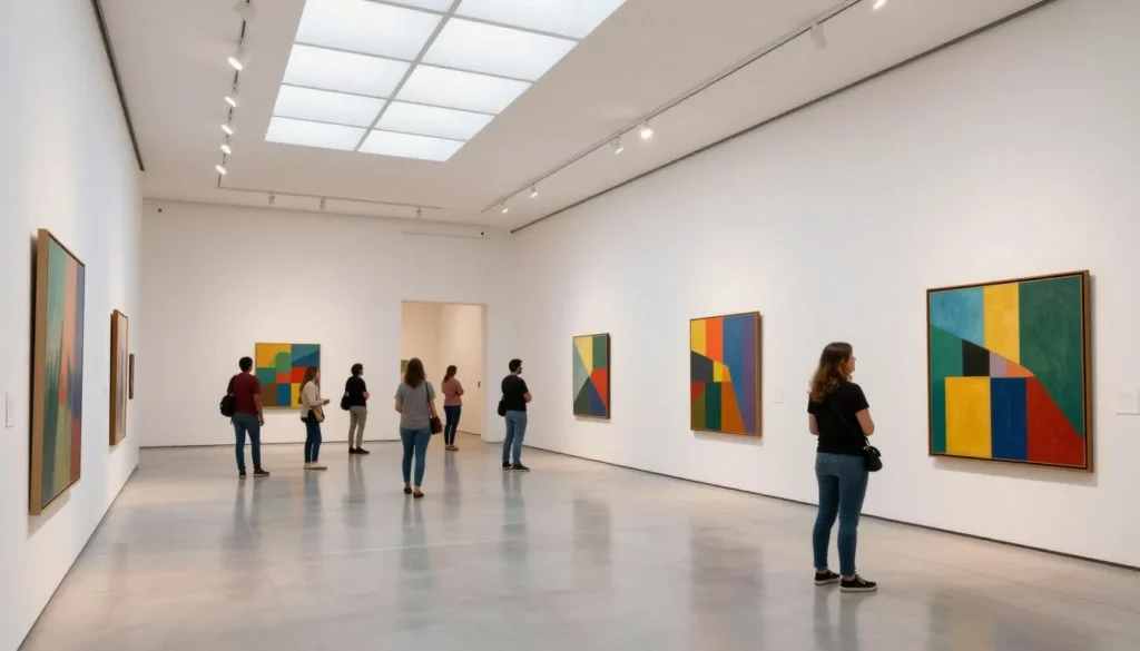 Art museum gallery interior with paintings and visitors