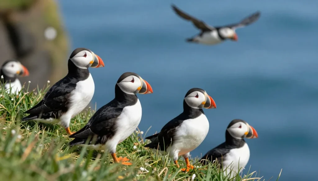 Atlantic puffins on coastal cliffs of Snaefellsnes Peninsula during nesting season
