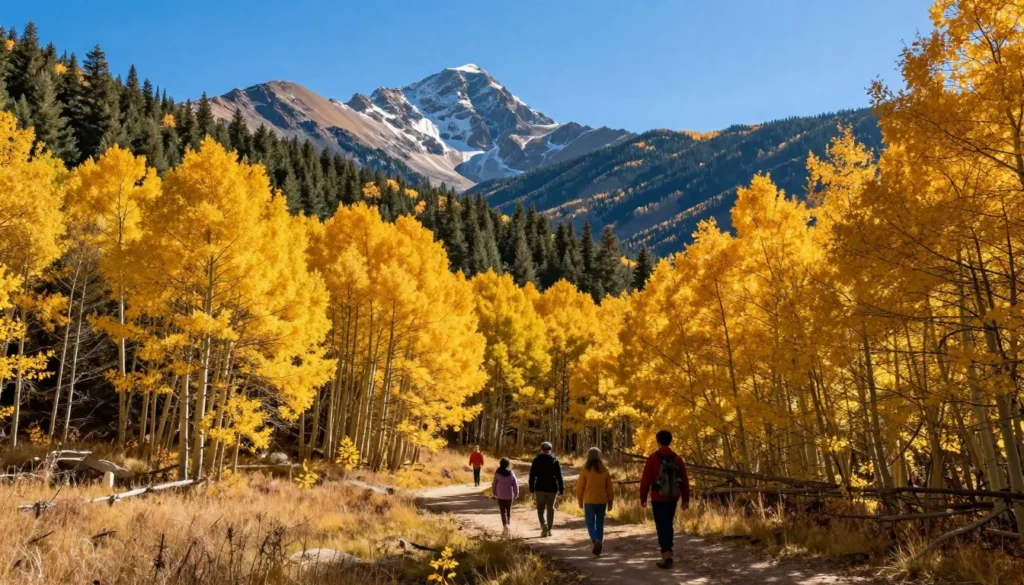 Autumn aspen trees with golden leaves beneath La Sal Mountain peaks Autumn aspen trees with golden leaves beneath La Sal Mountain peaks