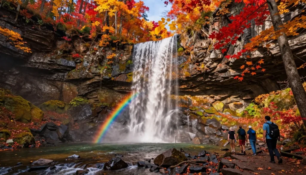 Autumn colors surrounding Rainbow Falls at Gorges State Park with golden and red foliage Autumn colors surrounding Rainbow Falls at Gorges State Park with golden and red foliage