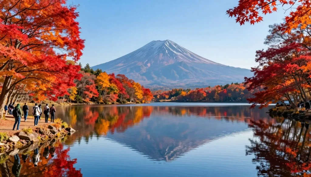 Autumn foliage surrounding Lake Tazawa with mountains reflected in calm waters