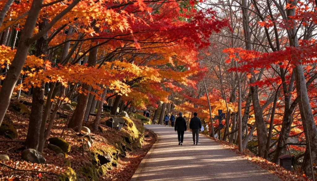 Autumn forest with vibrant red and orange foliage surrounding a peaceful walking path Autumn forest with vibrant red and orange foliage surrounding a peaceful walking path