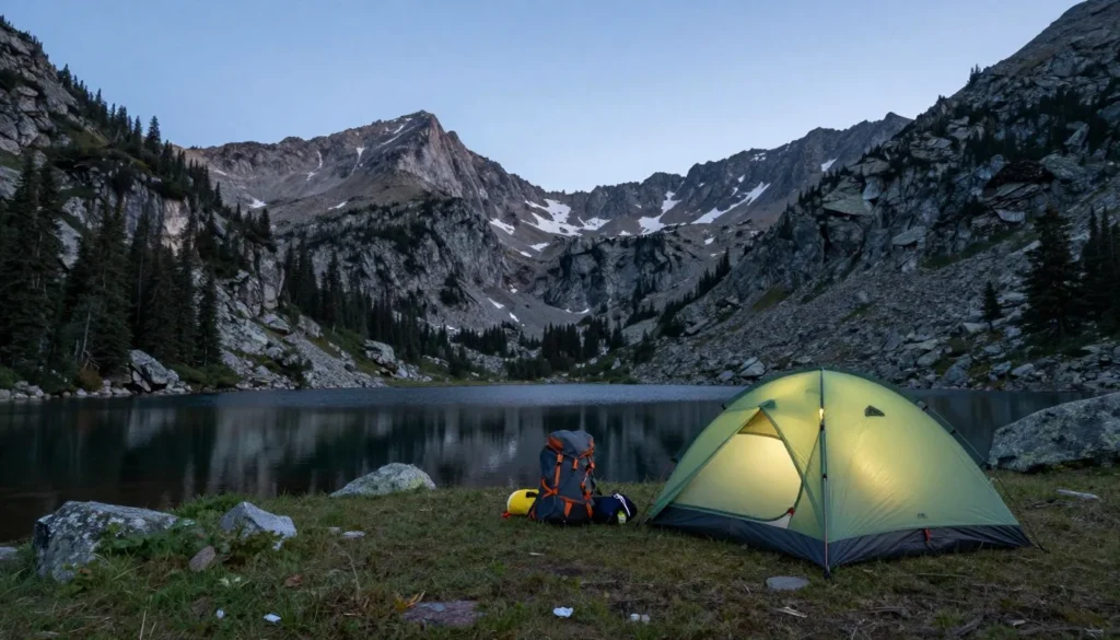 Backcountry campsite in alpine wilderness Backcountry campsite in alpine wilderness