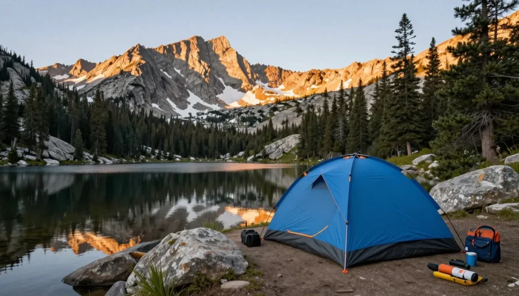 Backcountry campsite with tent near alpine lake in Ruby Mountains Backcountry campsite with tent near alpine lake in Ruby Mountains