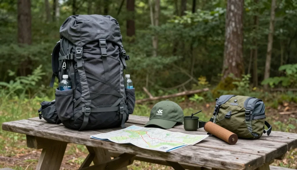 Backpack and hiking gear prepared for Chickasaw State Park adventure Backpack and hiking gear prepared for Chickasaw State Park adventure