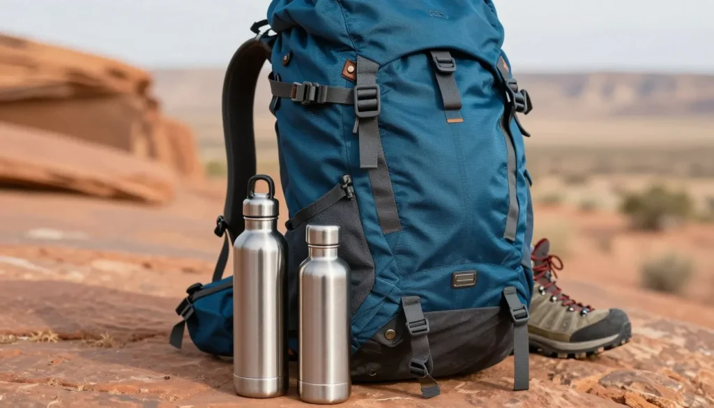 Backpack and water bottles prepared for desert hiking adventure Backpack and water bottles prepared for desert hiking adventure