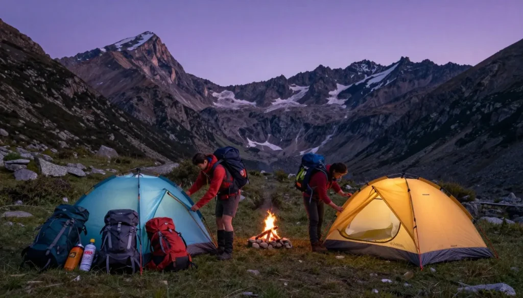 Backpackers setting up camp in Colorado alpine basin with tents and mountain backdrop at dusk Backpackers setting up camp in Colorado alpine basin with tents and mountain backdrop at dusk