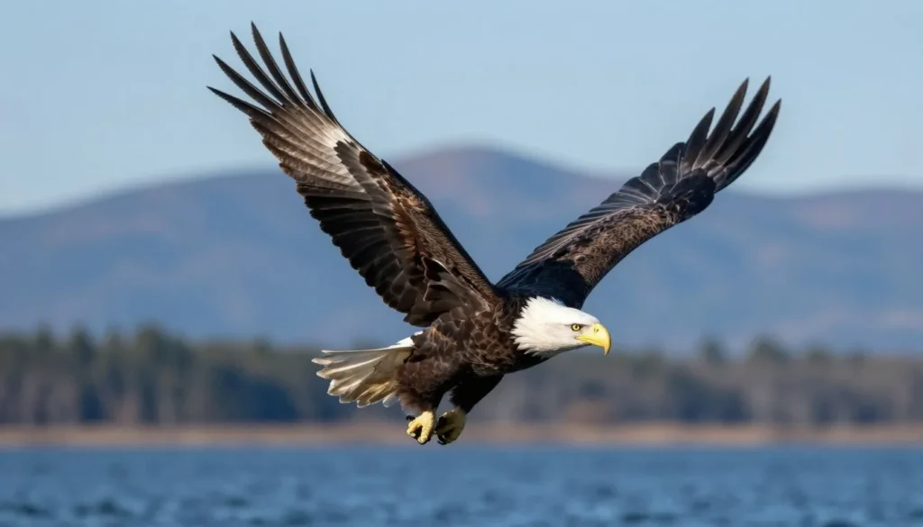 Bald eagle soaring over Steamboat Lake hunting for fish Bald eagle soaring over Steamboat Lake hunting for fish