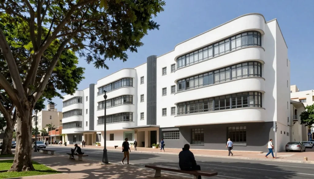 Bauhaus architecture buildings along Rothschild Boulevard with tree-lined pedestrian path