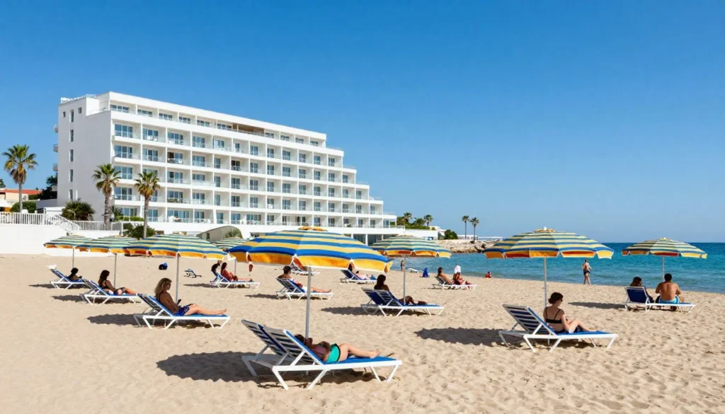 Beachfront hotel exterior in Cesenatico with beach umbrellas, lounge chairs, and guests relaxing by the sea