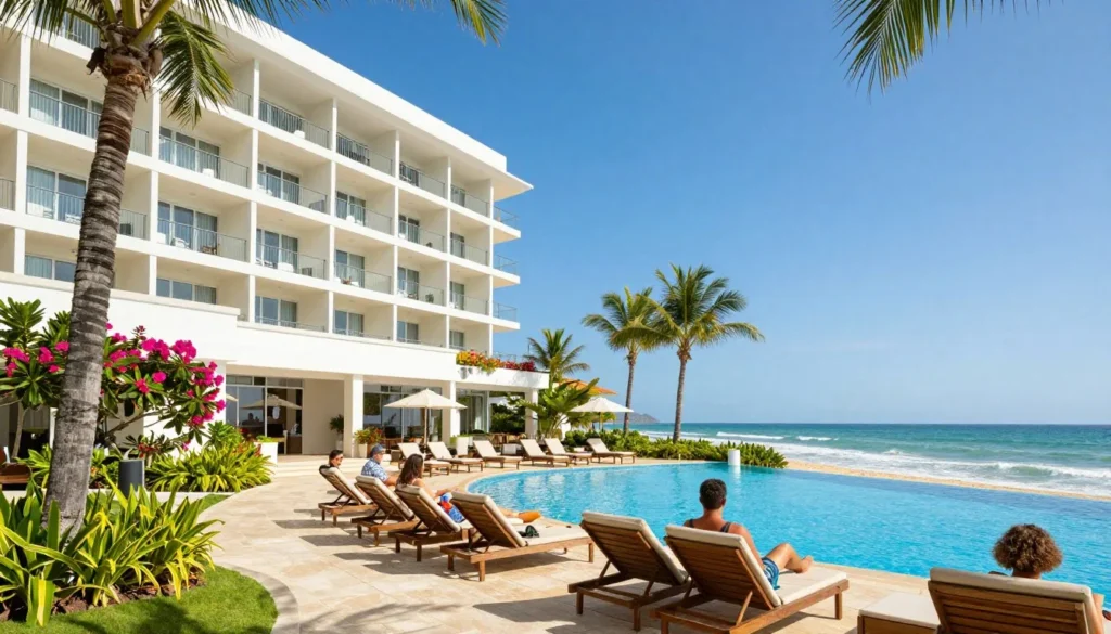 Beachfront hotel in Jaco with ocean view and tropical landscaping