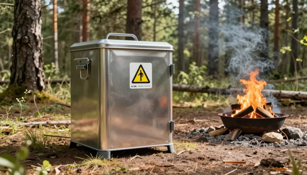 Bear-proof storage container at campsite in forest setting Bear-proof storage container at campsite in forest setting